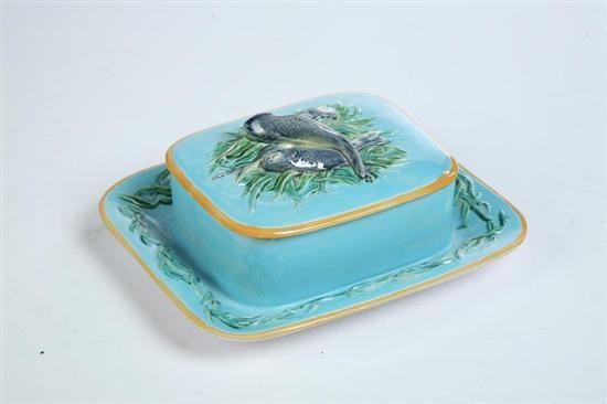 Appraisal: MAJOLICA SARDINE BOX English nd half- th century Turquoise with