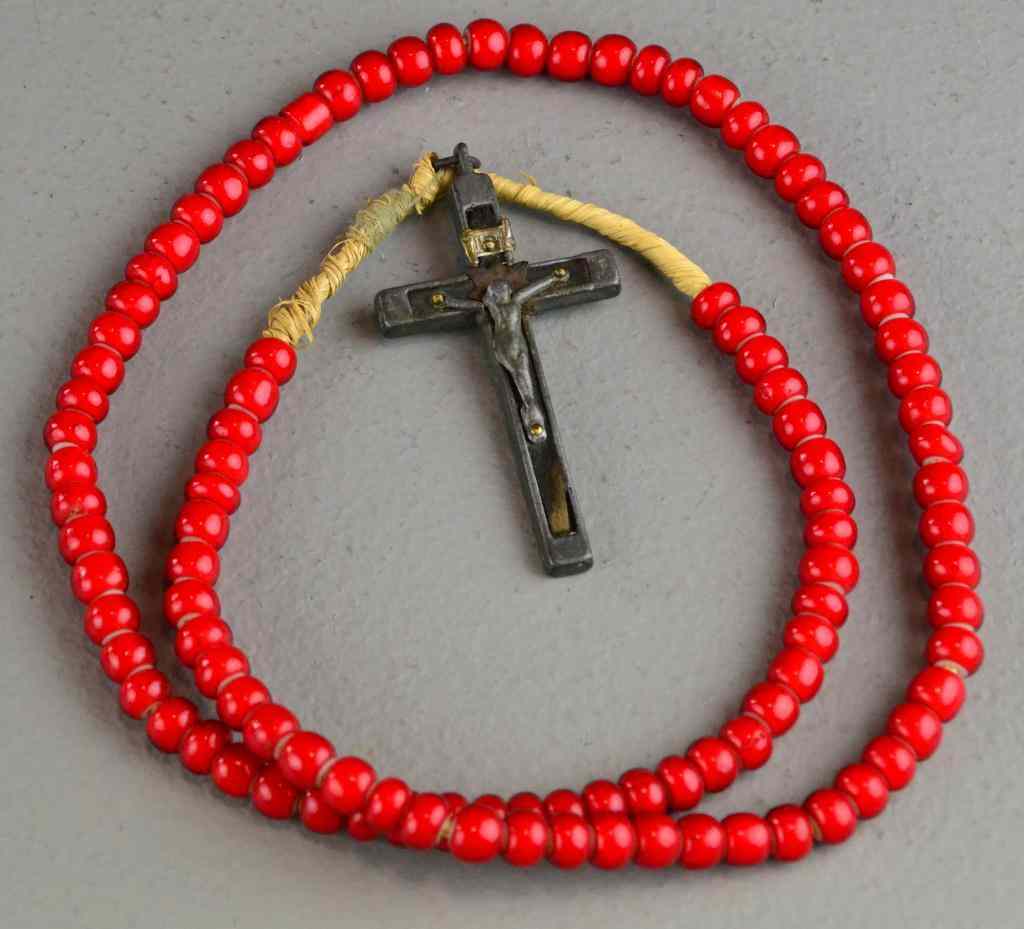 Appraisal: Native American Red Glass Beads CrossEbony and silver metal cross