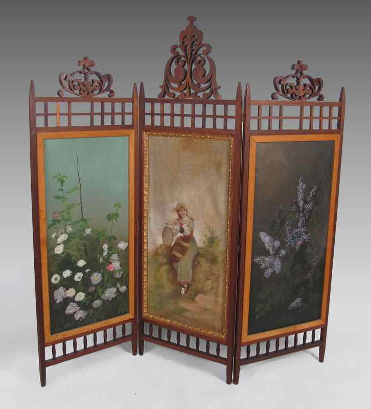 Appraisal: VICTORIAN PANEL FOLDING SCREEN Each panel trimmed with lattice work