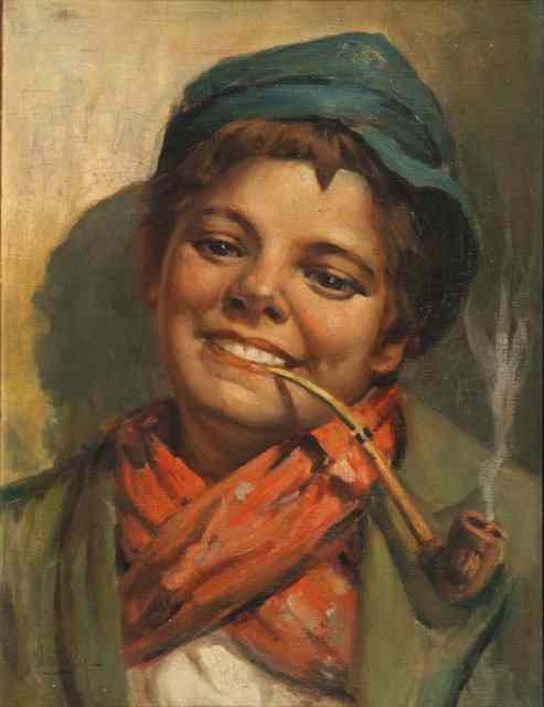 Appraisal: VALLEY TH CENTURY Portrait of a boy smoking a pipe