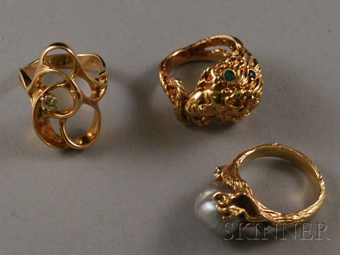 Appraisal: Three kt Gold Gem-set Rings an abstract gold and diamond