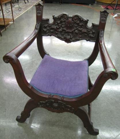 Appraisal: Late Victorian carved mahogany veneer Dante-style chair with upholstered seatProvenance