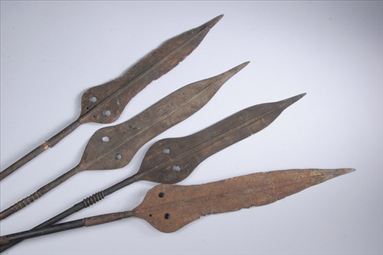 Appraisal: FOUR KUBA SPEARS Wood and iron feather shaped in varying