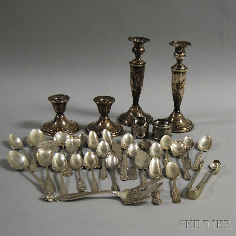 Appraisal: Group of Mostly Silver Flatware and Candlesticks a pair of