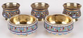 Appraisal: RUSSIAN SILVER ENAMEL SALTS CIRCA A GROUP OF FIVE RUSSIAN