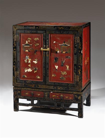 Appraisal: Chinese lacquered painted and applied cabinet on stand late qing