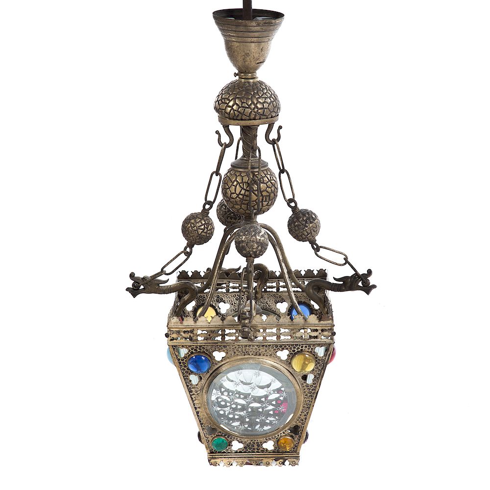 Appraisal: Art Nouveau Style Brass Hanging Light Fixture circa s silvered