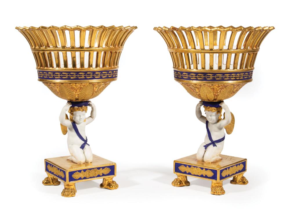 Appraisal: Pair of Paris Bleu Gilt and Bisque Porcelain Corbeilles th