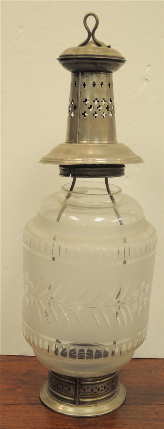 Appraisal: Hanging fixture with frosted clear glass globe silver metal missing