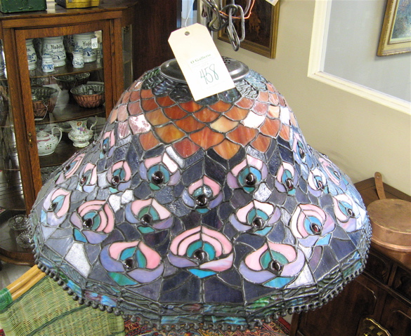 Appraisal: STAINED LEADED GLASS HANGING LIGHT FIXTURE in peacock feather pattern