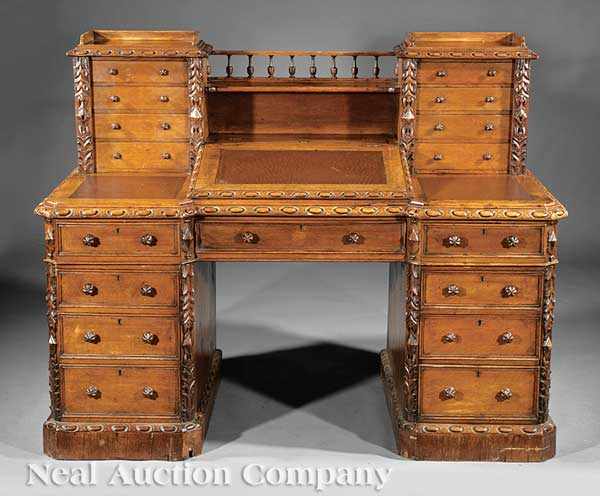 Appraisal: An English Carved Oak Dickens Pedestal Desk mid- th c