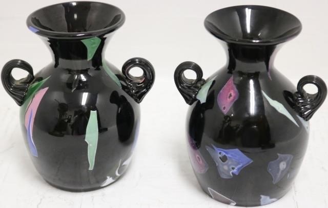 Appraisal: TWO TH CENTURY MOUNT WASHINGTON LAVA GLASSHANDLED VASES HIGH WIDE