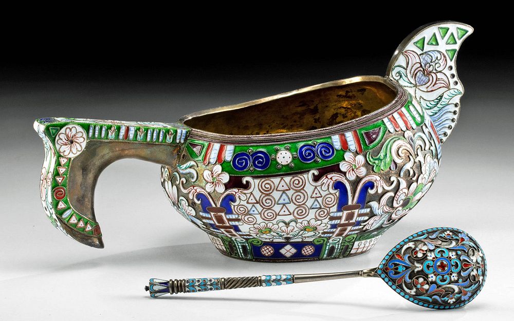 Appraisal: th C Russian Cloisonne Kovsh and Spoon Eastern Europe Russia