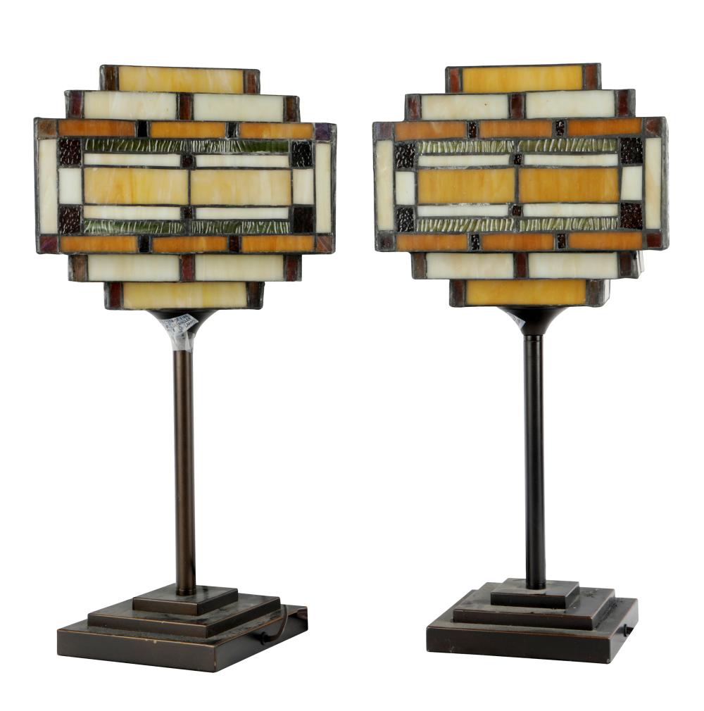 Appraisal: PAIR ARTS CRAFTS-STYLE TABLE LAMPSleaded glass and patinated metal contemporary