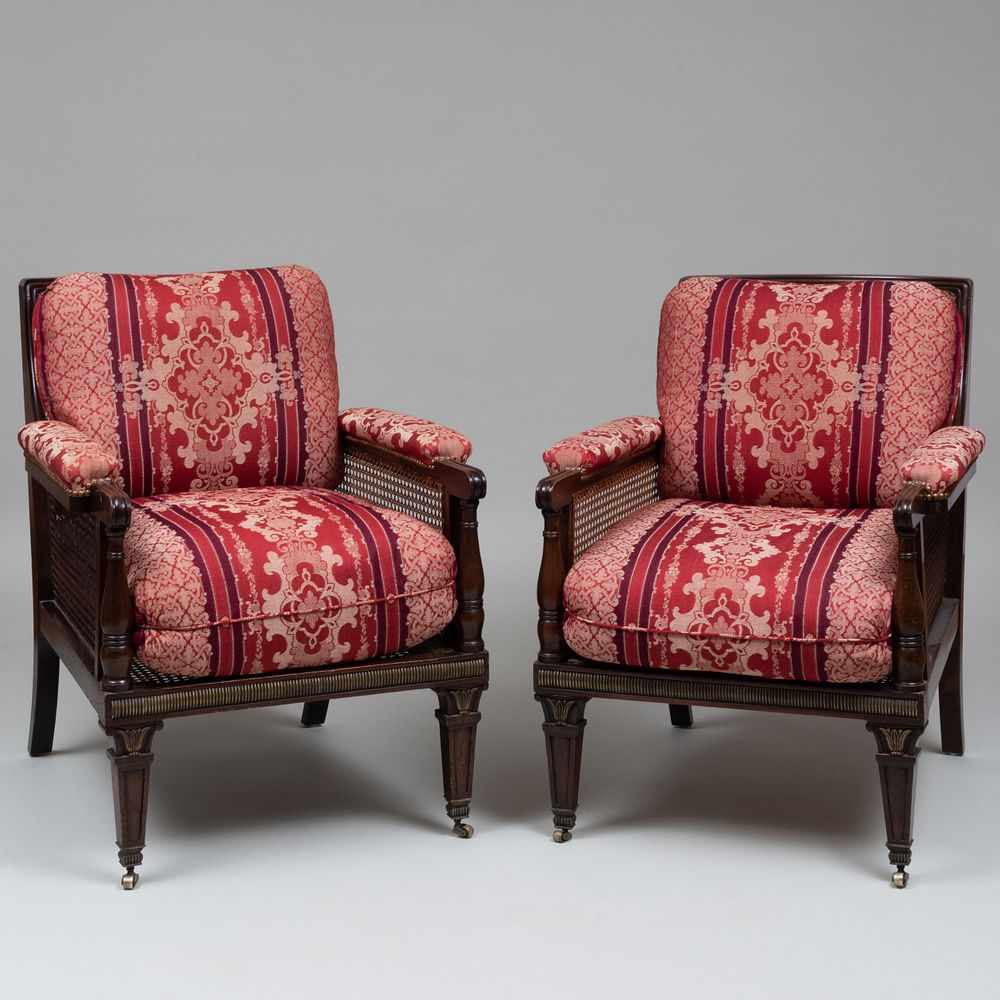 Appraisal: Pair of Late Regency Brass-Mounted Mahogany and Caned Library Armchairs