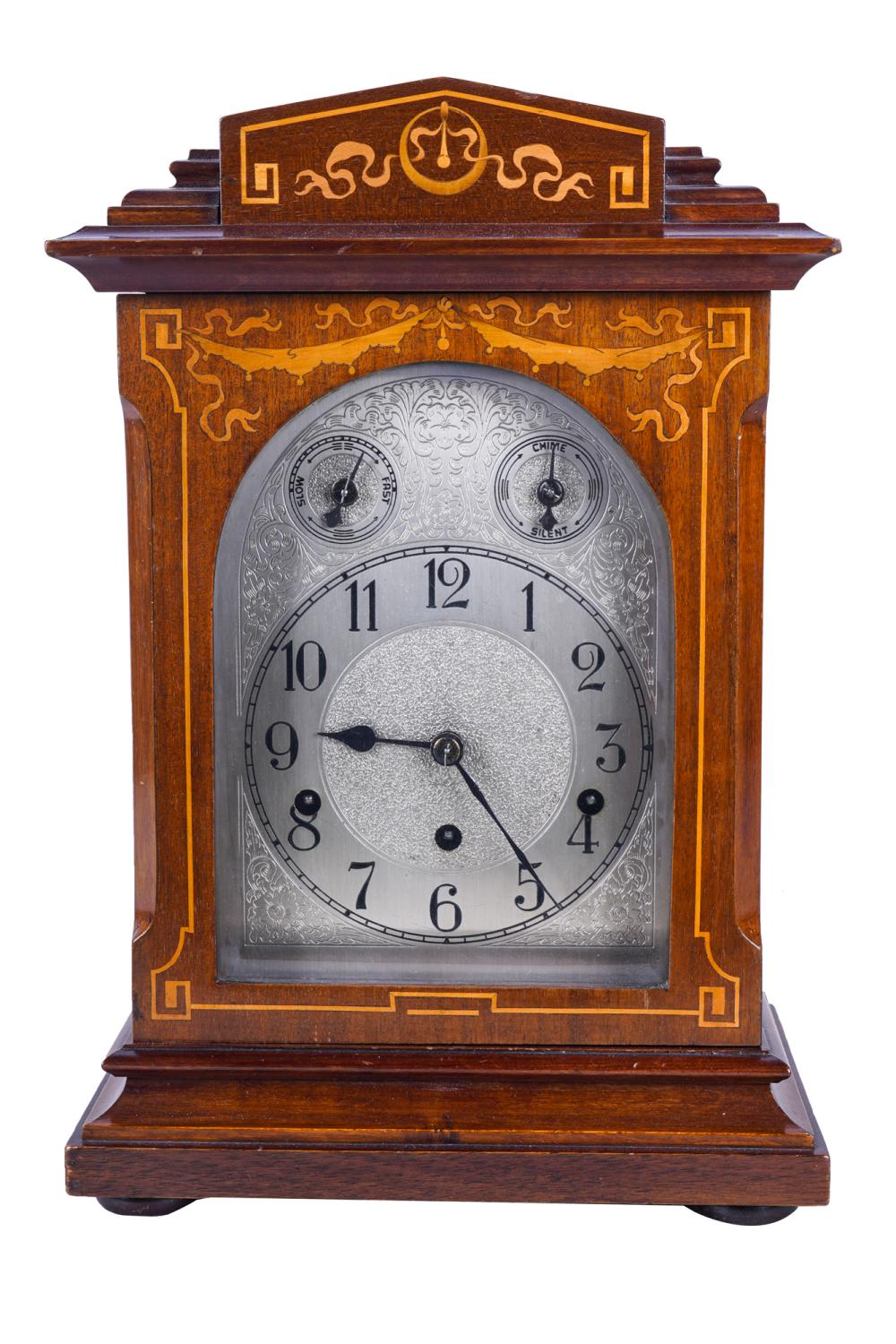 Appraisal: EDWARDIAN INLAID MAHOGANY MANTEL CLOCKthe dial unsigned the movement stamped