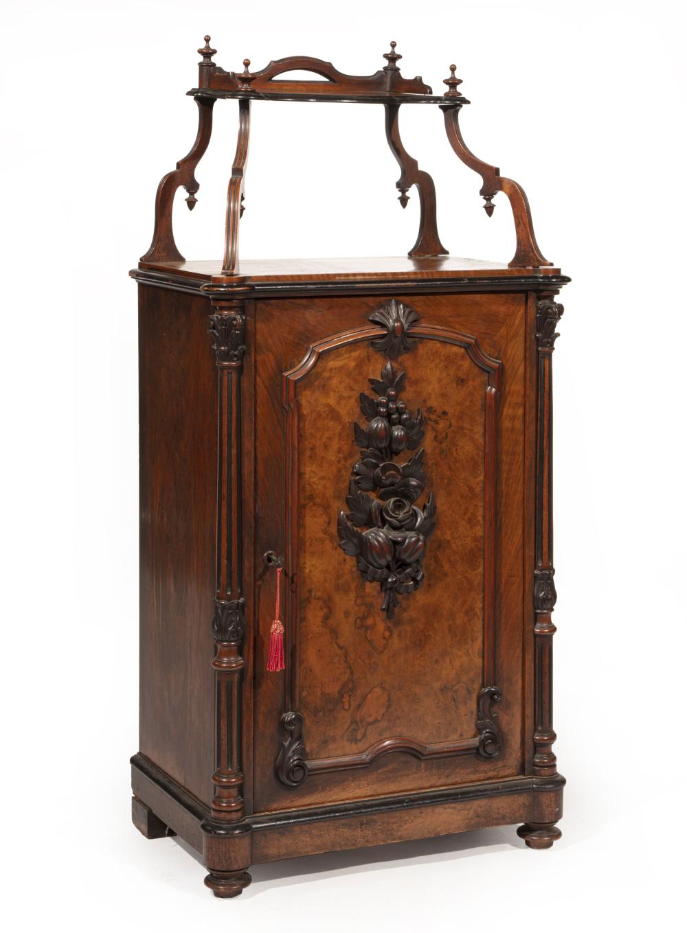 Appraisal: American Rococo Burl Walnut and Parcel Ebonized Music Cabinet mid-to-late