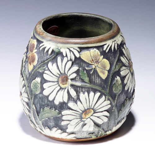 Appraisal: WELLER Knifewood vase carved with butterflies and daisies on a