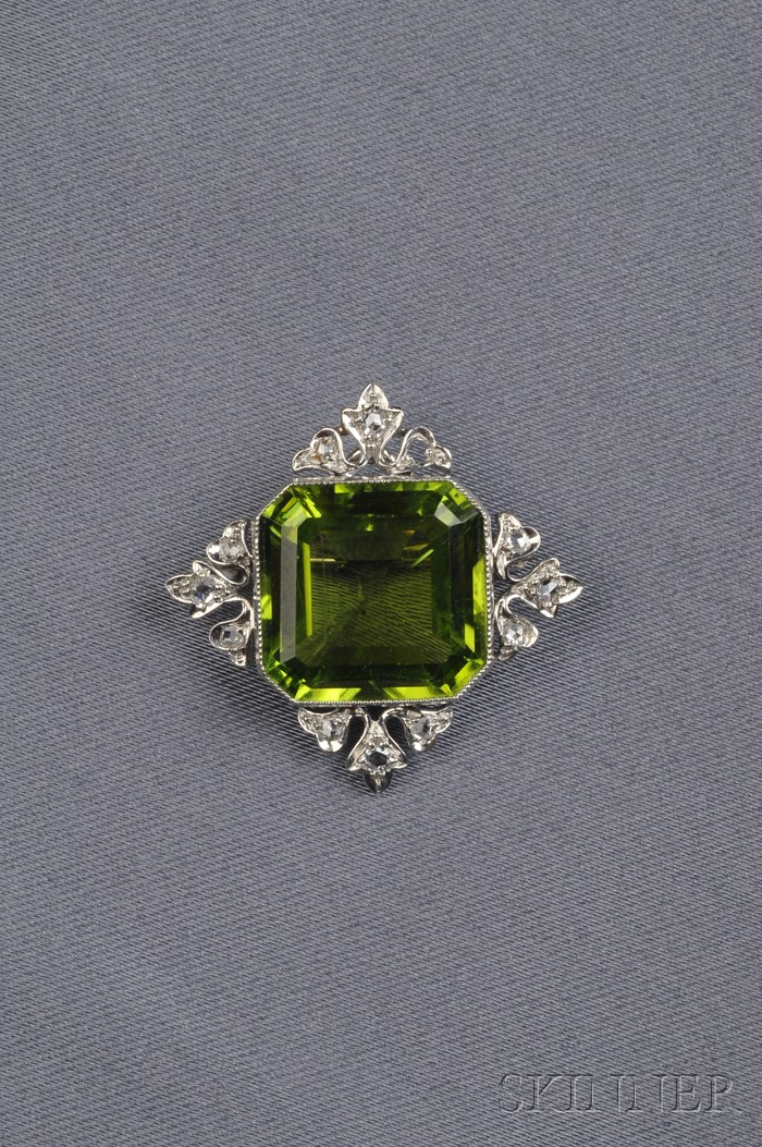 Appraisal: Edwardian Platinum Peridot and Diamond Brooch Pendant Marcus Co bezel