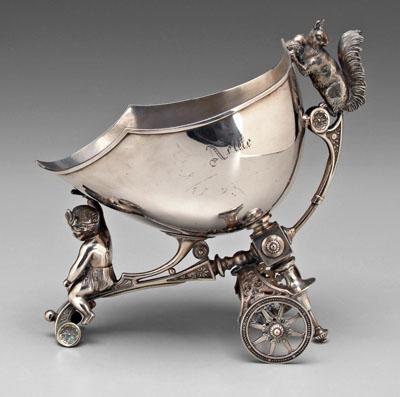 Appraisal: Silver-plated nut dish base frame with wheels and putti squirrel