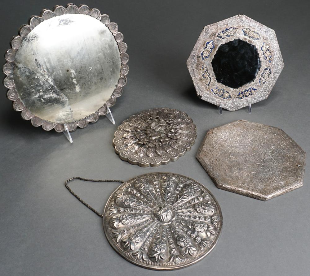 Appraisal: FIVE ASSORTED MIDDLE EASTERN SILVER AND SILVER PLATE FRAMED MIRRORS