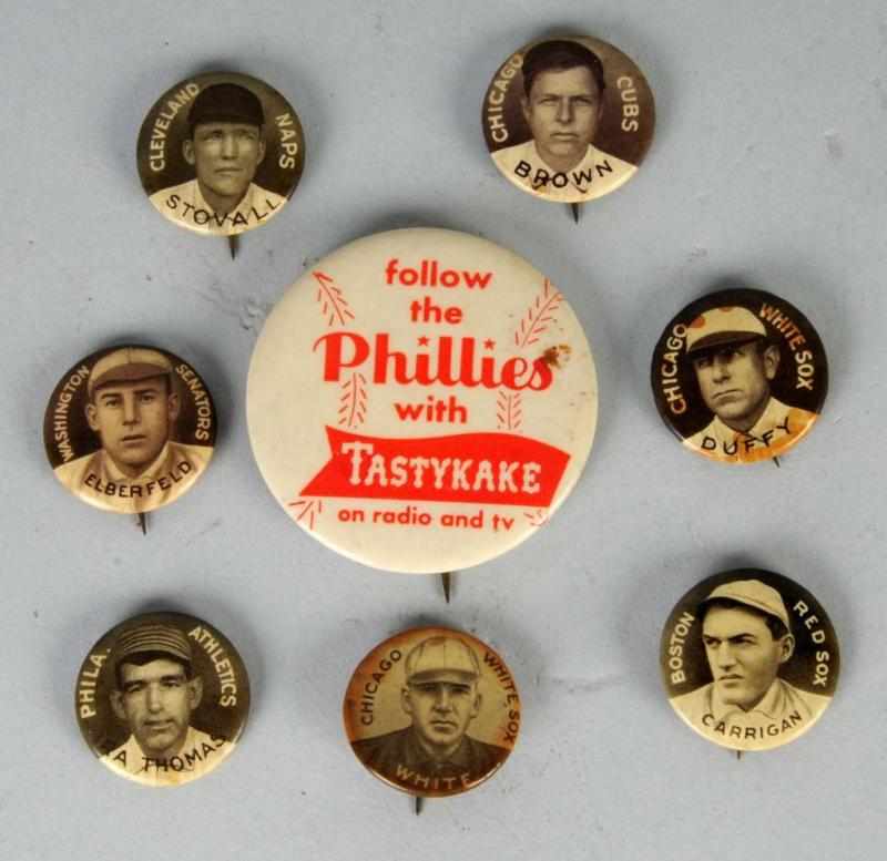 Appraisal: Lot of Celluloid Baseball Pins Description Includes Carrigan Duffx Brown