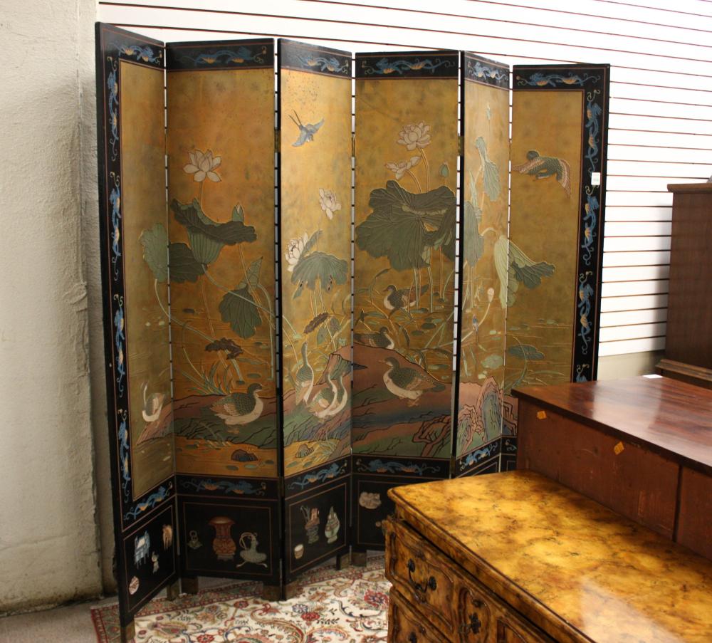 Appraisal: CHINESE SIX-PANEL COROMANDEL FLOOR SCREEN aquatic birds and plants against