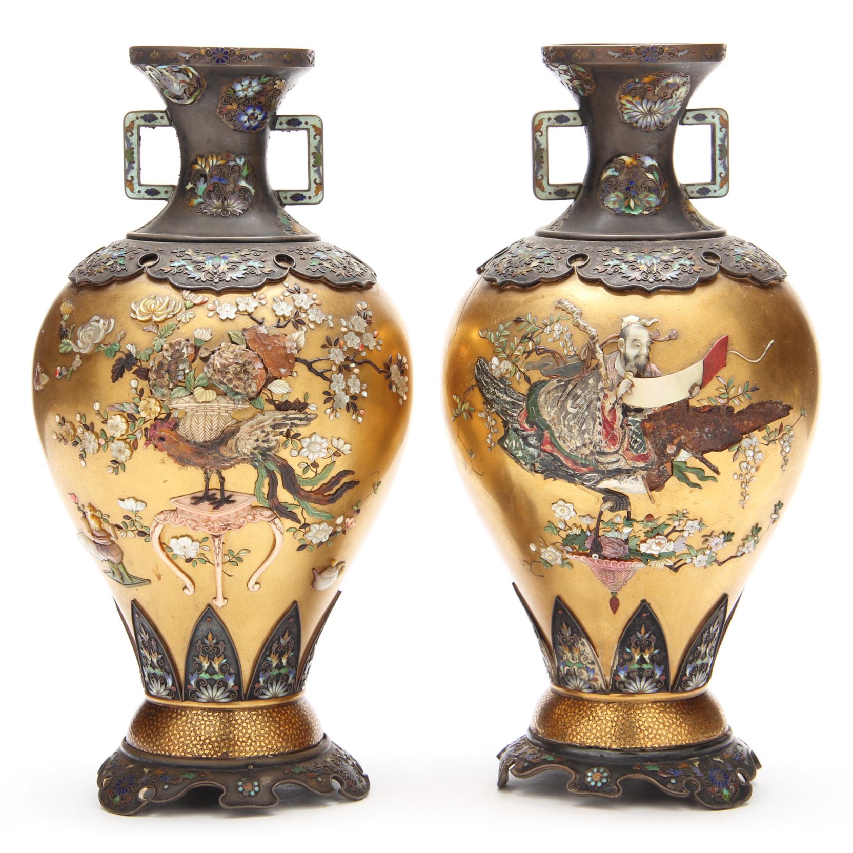 Appraisal: Pair of Japanese Shibayama Silver Gold Lacquer Vases Meiji period