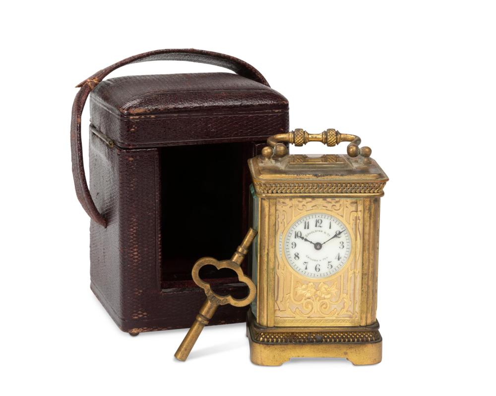 Appraisal: A DIMINUTIVE FRENCH CASED CARRIAGE CLOCKA diminutive French cased carriage