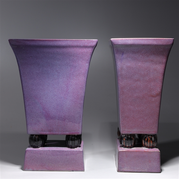 Appraisal: Two Chinese flambe glazed rectangular form porcelain vases overall good