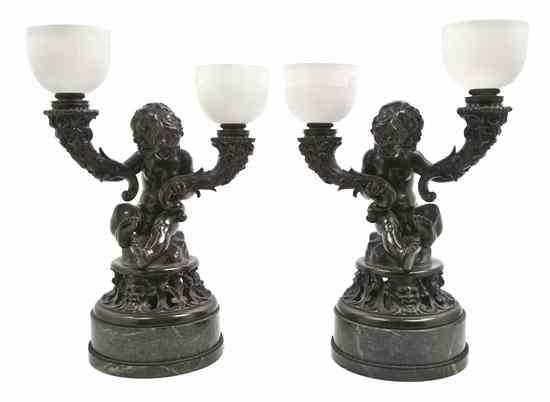 Appraisal: A Pair of Bronze Two-Light Lamps each with two frosted