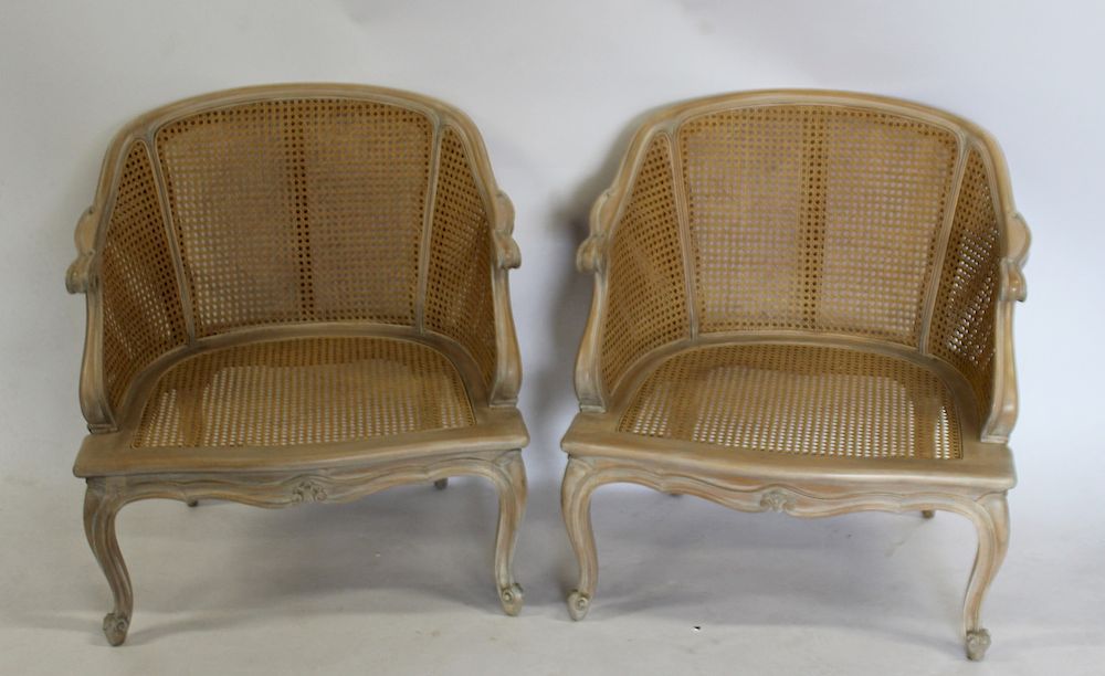 Appraisal: Pair of Bleached Louis XV Style Caned Arm Chairs Very