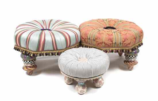 Appraisal: Three McKenzie Childs Painted Porcelain and Upholstered Ottomans the button