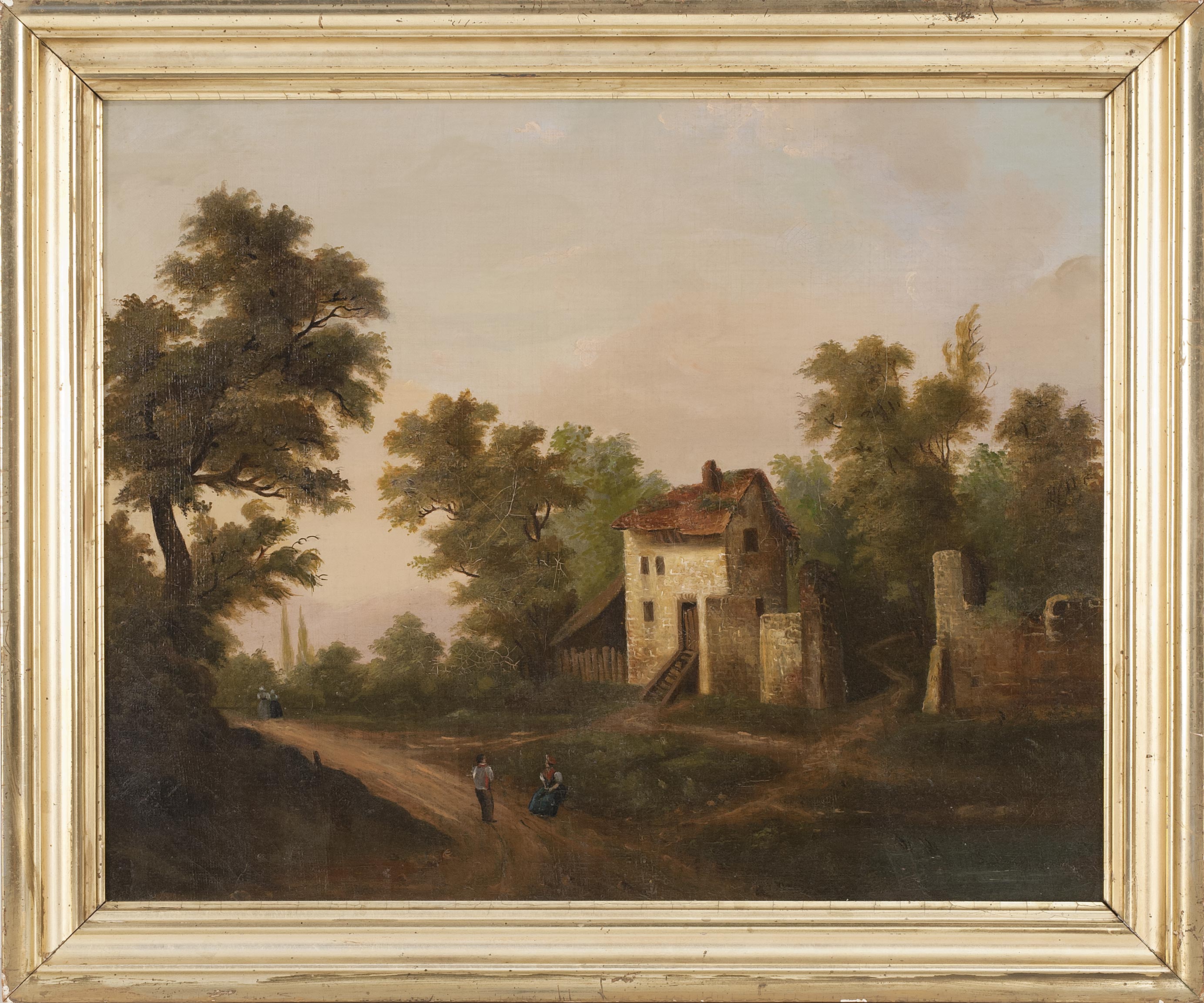 Appraisal: FRAMED PAINTING ARTIST UNKNOWN Landscape with figures in foreground stone