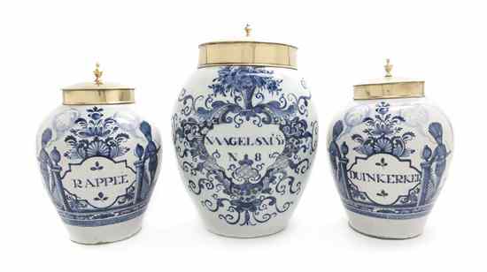 Appraisal: Three Dutch Blue and White Delft Tobacco Jars with inscribed