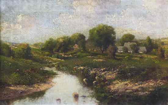 Appraisal: Continental School th century Cottages by a River oil on