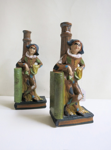 Appraisal: PAIR CERAMIC FIGURAL BOOKENDS matching set of standing harlequin Height