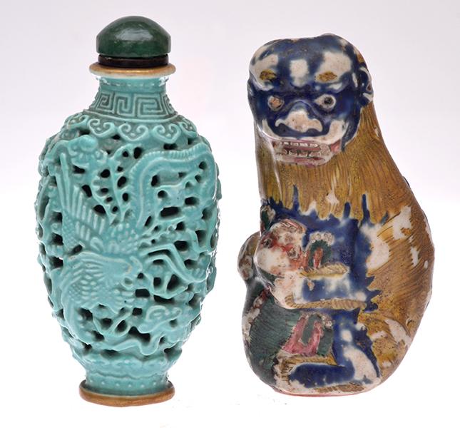 Appraisal: A PIERCED PORCELAIN SNUFF BOTTLE TOGETHER WITH A PORCELAIN SNUFF