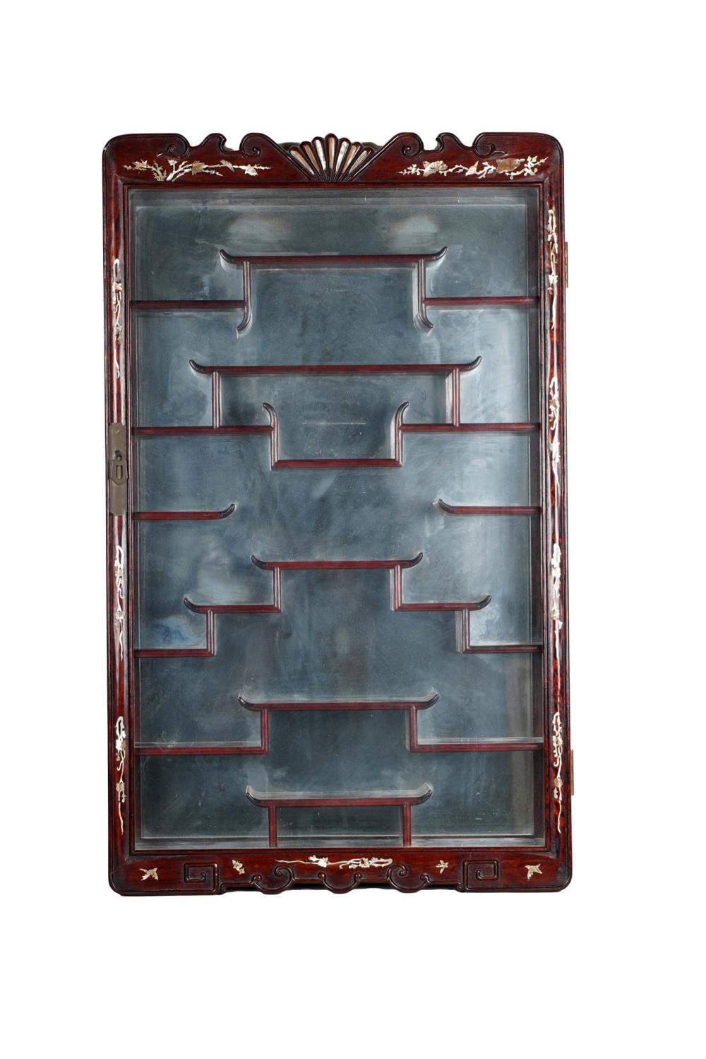 Appraisal: CHINESE MOTHER OF PEARL-INLAID SNUFF BOTTLE CABINET x inches Condition