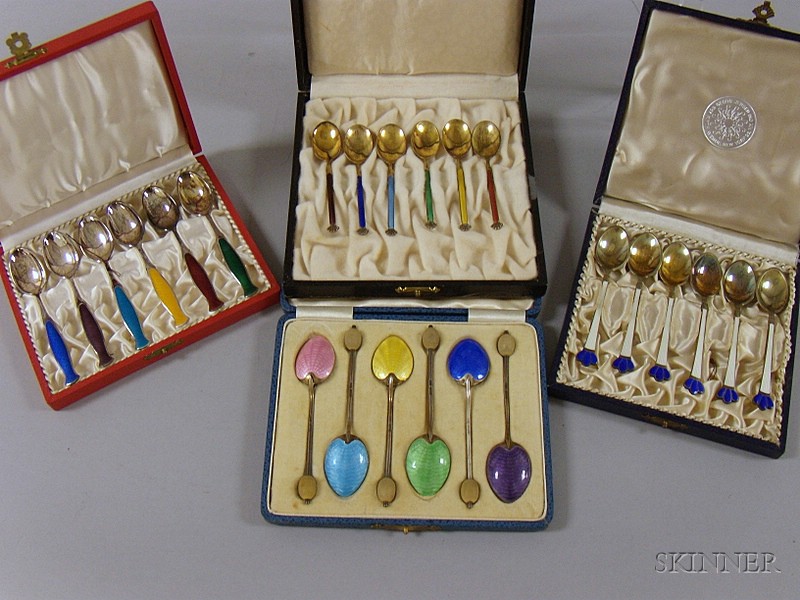 Appraisal: Four Boxed Sets of Six Enameled Sterling Demitasse Spoons by