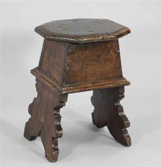 Appraisal: A walnut stool Italian early th century with octagonal top