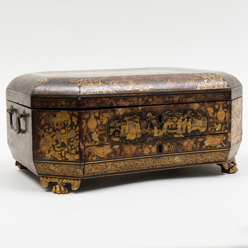 Appraisal: CHINESE EXPORT LACQUER SEWING BOX With fitted interior and central