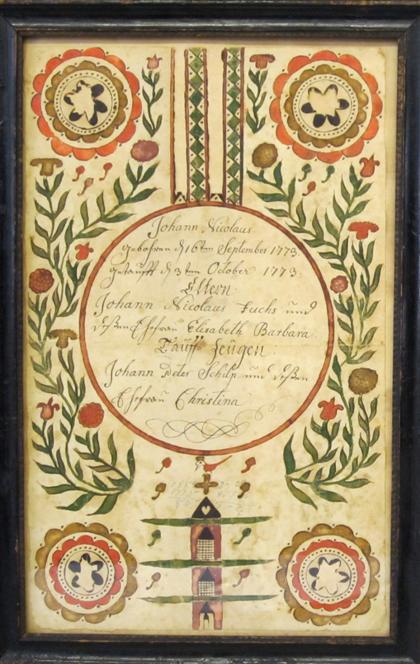 Appraisal: Fraktur Johann Nicolausbirth and baptismal record probably german