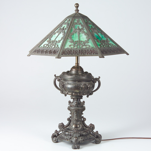 Appraisal: Art glass lamp with Renaissance-Revival urn-shaped base and octagonal green