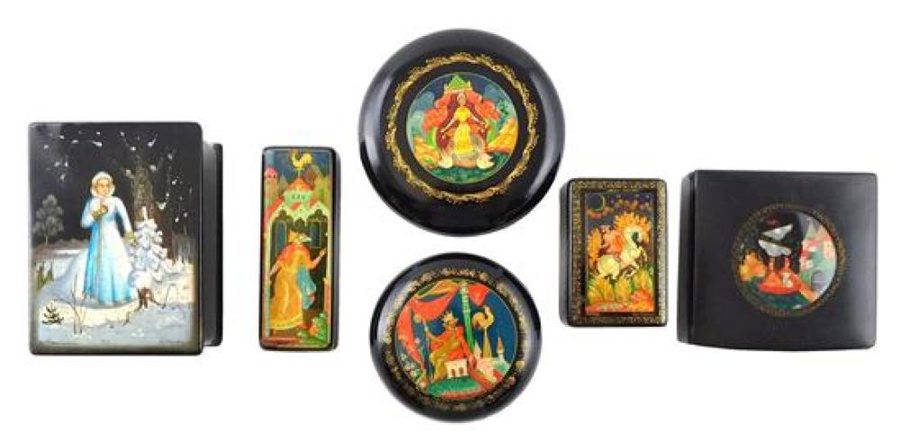 Appraisal: Russian hand-painted lacquer boxes group of six smaller figural decoration