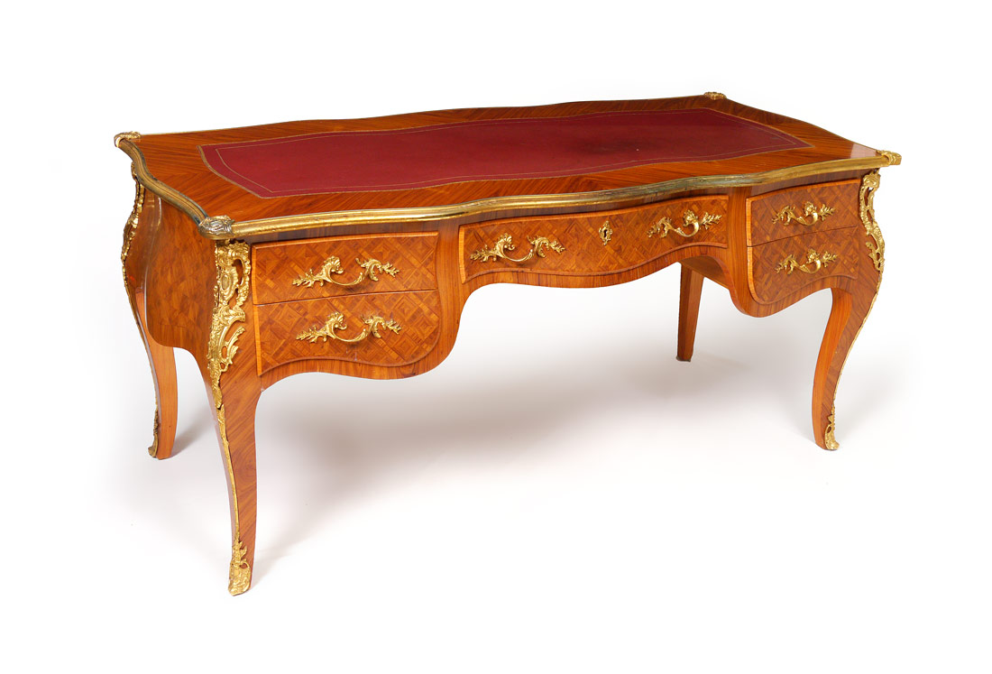 Appraisal: ITALIAN PARQUETRY WRITING DESK Gold embossed red leather writing surface