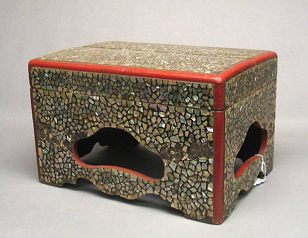 Appraisal: A black and red lacquered wood footed box with mother-of-pearl