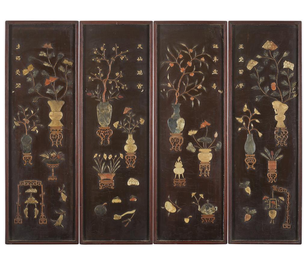 Appraisal: FOUR JADE INLAID LACQUERED PANELS LATE QING DYNASTY each panel