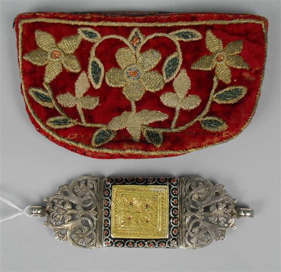 Appraisal: TURKOMAN GILT AND ENAMELLED SILVER BUCKLE FORM PILL BOX length