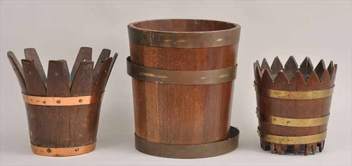 Appraisal: THREE ENGLISH BRASS-BANDED OAK BUCKETS to in to in diam